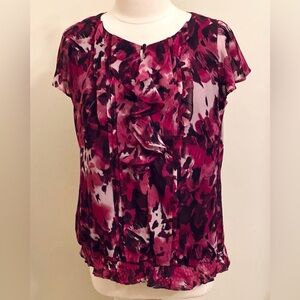 APT 9 Purple Abstract Print Short Flutter Sleeves Pleated Ruffled Smocked Top M